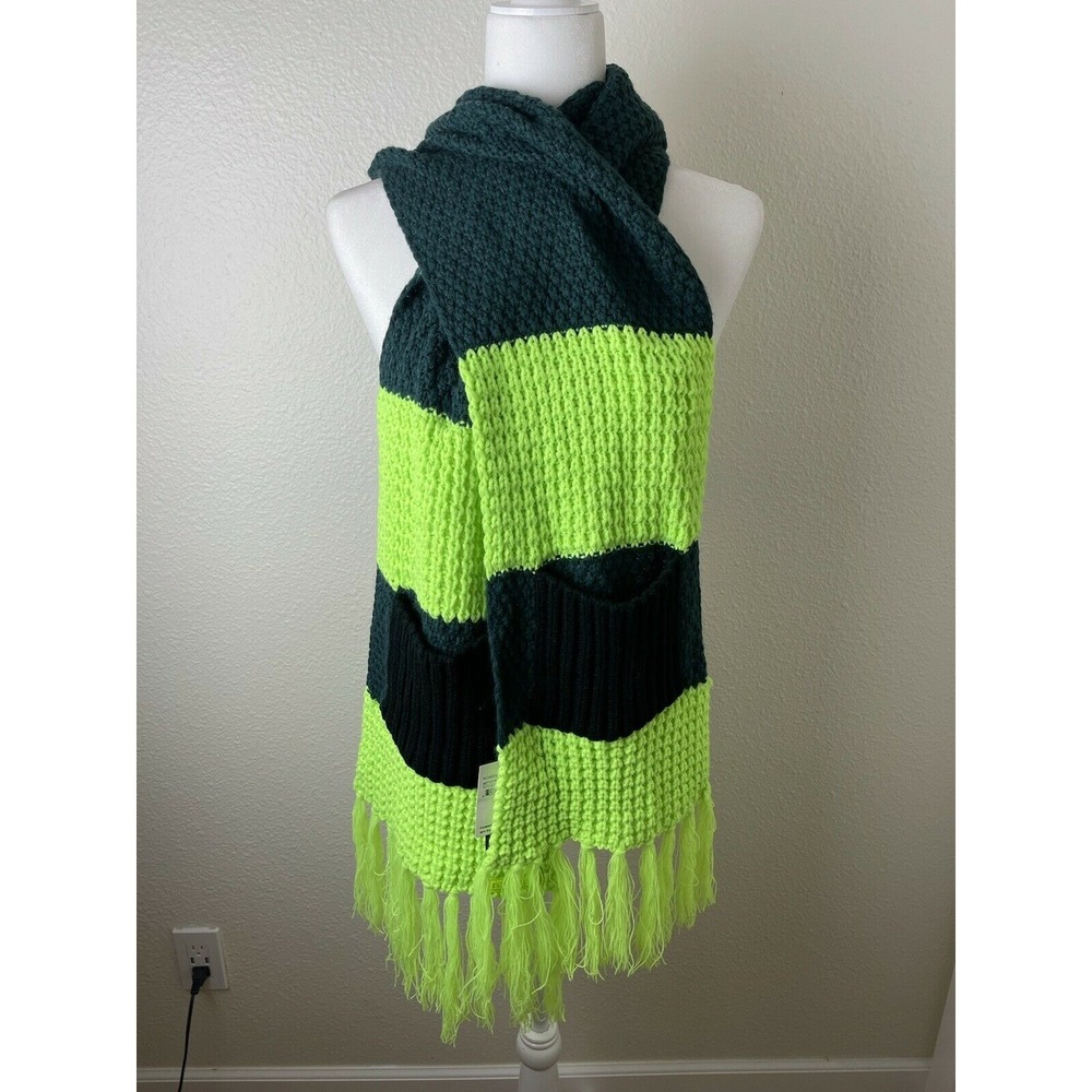 Steve Madden Women Knit Tassel Scarf Green/ Teal/ Black Pockets 10" by 84"